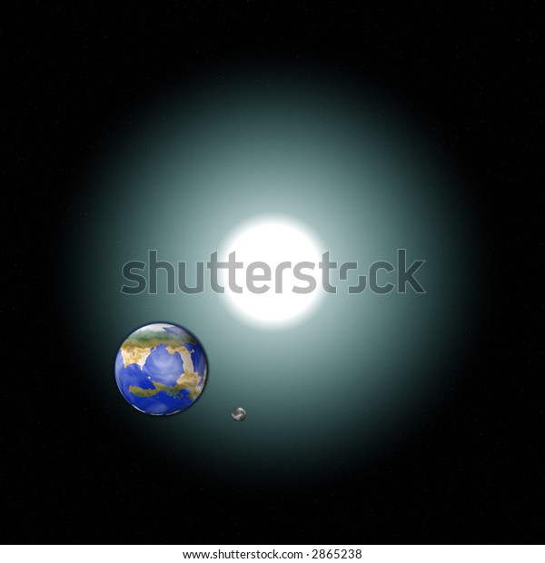 Earth with moon and sun from our solar\
system. Digital\
illustration.