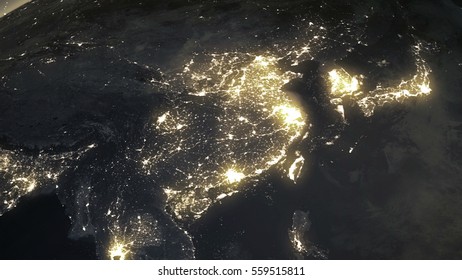 Earth Night At East Asia From Space ??Elements Of This Image Furnished By NASA