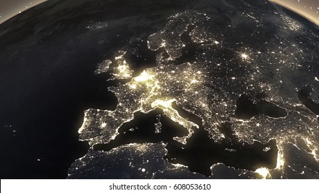 Earth Night Light At Central europe Space View 3D illustration Elements of this image furnished by NASA