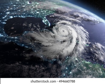 Earth at night from orbit with city lights and huge hurricane near florida, USA. 3D illustration. Elements of this image furnished by NASA