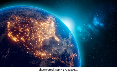 Earth At Night From Outer Space With City Lights On North America Continent. 3D Rendering Illustration. Earth Map Texture Provided By Nasa. Energy Consumption, Electricity, Industry,  Ecology Concepts