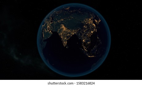 Earth At Night. Stunning 3D Illustration Of Earth Bathed In City Lights At Night. City Lights Of Asia.