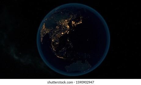 Earth At Night. Stunning 3D Illustration Of Earth Bathed In City Lights At Night. City Lights Of Asia And Australia.