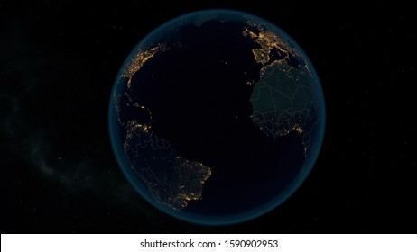 Earth at Night. Stunning 3D Illustration of Earth Bathed in City Lights at Night. City Lights of Europe, Africa and America.