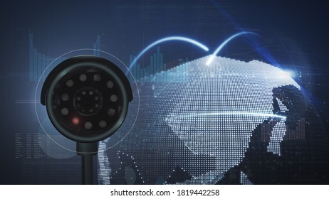 Earth Observation. Security camera monitors digital world globe