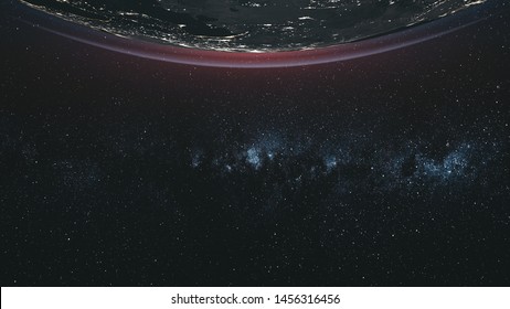 Earth Orbit Milky Way Spiral Galaxy Satellite View. Star Cluster Celestial Navigation Solar System Deep Outer Space Travel Concept Zoom In 3D Animation