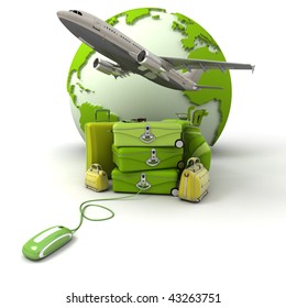 The Earth, A Plane Taking Off, A Pile Of Luggage Including Suitcases, Briefcases, Golf Bag, Connected To A Computer Mouse In Green And Yellow Shades