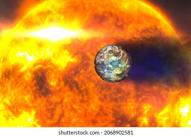 Earth Planet Burning From The Solar Storm In Space. 3D Rendered Illustration. Elements Of This Image Were Furnished By NASA