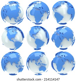 Earth planet globe set. 3D render On white background.