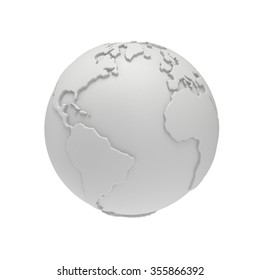 Earth Planet Globe White And Blank 3D Render. America View. On White Background.