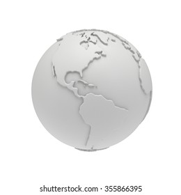 Earth Planet Globe White And Blank 3D Render. America View. On White Background.