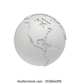 Earth Planet Globe White And Blank 3D Render. America View. On White Background.