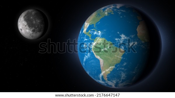 Earth\
planet and moon in the outer space. 3d\
rendering