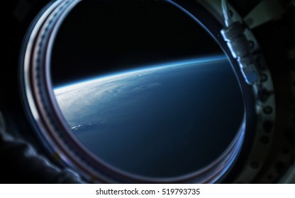 Earth Planet In Space Ship Window Porthole. Elements Of This Image Furnished By NASA