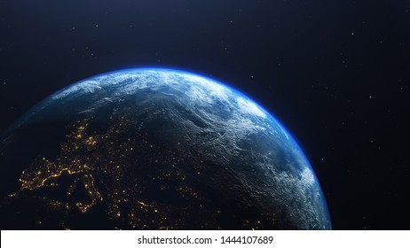 Earth planet viewed from space at night showing the lights of Europe, 3d render of planet Earth, elements of this image provided by NASA - Powered by Shutterstock