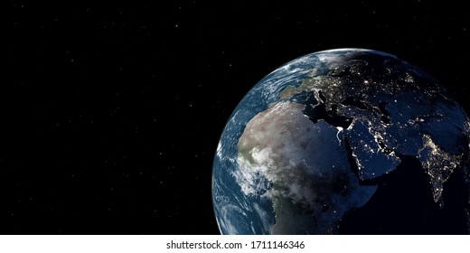 Earth Planet Viewed From Space At Night Showing The Lights Of Europe, 3d Render Of Planet Earth, Realistic 3D Earth Globe, Elements  Image From NASA