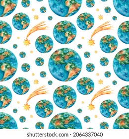 Earth Planet Watercolor Seamless Pattern. Star, Comet, Globe, Atlas. Solar System, Space, Universe. Bright Colours. White Background. Children's Print. For Printing On Textiles, Wallpaper, Covers.