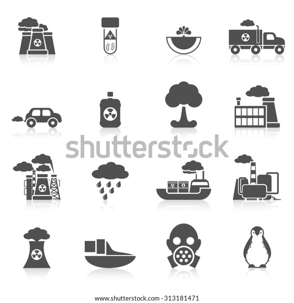 Earth pollution icon black set with plant\
car machines isolated \
illustration