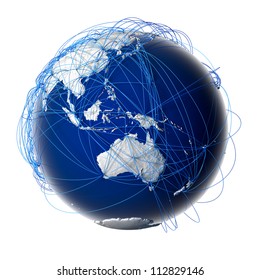 Earth With Relief Stylized Continents Surrounded By A Wired Network, Symbolizing The World Aviation Traffic, Which Is Based On Real Data. Elements Of This Image Furnished By NASA. Isolated On White