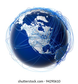 Earth With Relief Stylized Continents Surrounded By A Wired Network, Symbolizing The World Aviation Traffic, Which Is Based On Real Data On The Carriage Of Passengers And Flight Directions