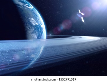 Earth Rings Fantasy View - With SpaceX Satellite In Orbit - Concept Art - 3D Rendering -  Elements Of This Image Furnished By NASA 