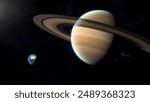 Earth and Saturn in space, Saturn close to Earth, Earth and Saturn size comparison, space, stars