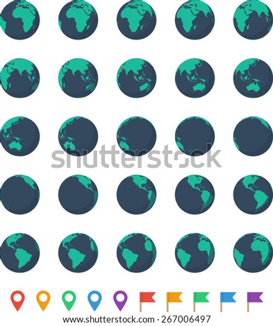 Earth Set. Twenty five Earth globes from different angles and ten pointer icons.