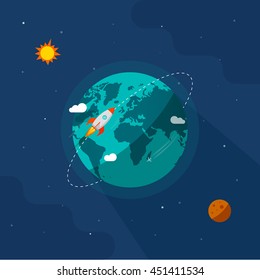 Earth In Space Illustration, Rocket Space Ship Flying Around Planet Orbit On Solar System Universe, Moon, Starts Flat Cartoon Design Image