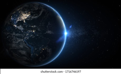 The Earth From Space At Night With Flare Light, Realistic Background, 3D Rendering.