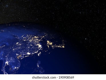 The Earth From Space At Night, With Stars In The Background. China. Elements Of This Image Furnished By NASA. Other Orientations Available. 