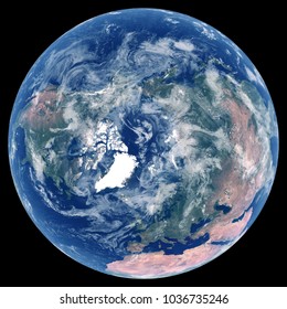 Earth from space. Satellite image of planet Earth. Photo of globe. Isolated physical map of Northern hemisphere (Europe, Asia, North America, North Pole). Elements of this image furnished by NASA.