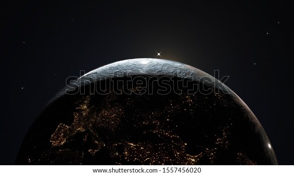 Earth from Space with\
Twinkling Stars. Sunrise. Earth Rotation Loop. Realistic\
Atmosphere. 3D\
Earth
