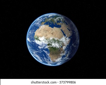 Earth From Space. View Of Europe And Africa In Daytime. 3D Realistic Illustration.