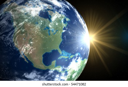 Earth And Sun. Space Sunrise America