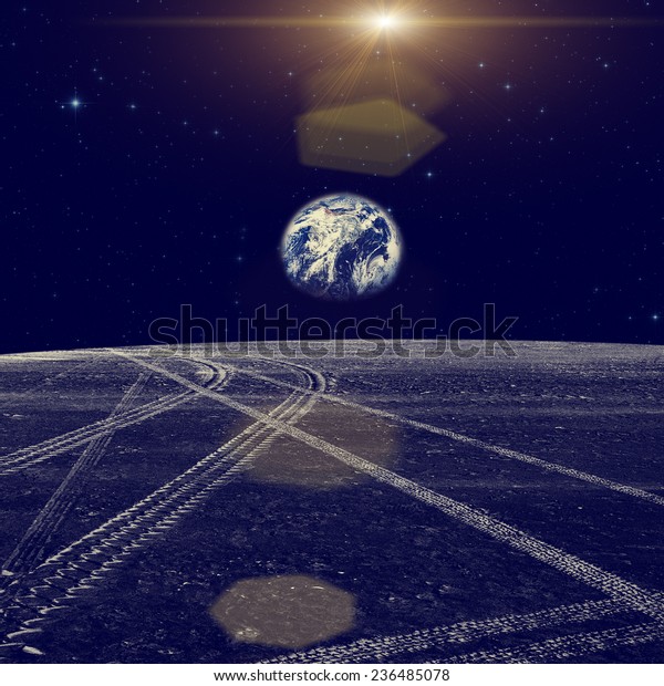 Earth, Sun and stars as seen\
from the lunar surface. Elements of this image furnished by NASA.\
