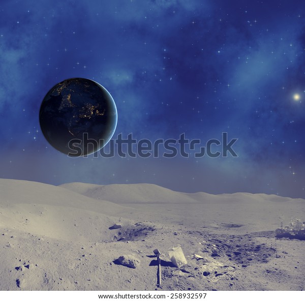 Earth, Sun and stars as seen\
from the lunar surface. Elements of this image furnished by\
NASA.