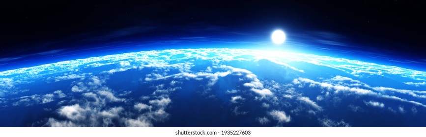 Earth at sunrise from orbit, sun over Earth, clouds view from low orbit ,, 3d rendering