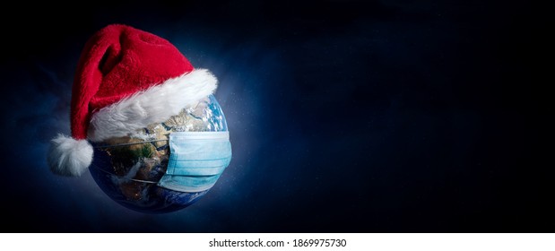 Earth With Surgical Mask and Santa Hat Banner - Virus Infection Covid 19 - World with Coronavirus - Christmas Concept 3D Illustration