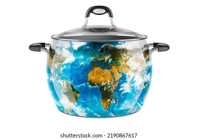 Earth Texture Map Painted On The Stainless Steel Stock Pot. 3D Rendering Isolated On White Background