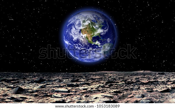 Earth view looks from the\
surface of the moon illustration astronomy graphic background with\
many stars in the galaxy. Elements of this image furnished by\
NASA.