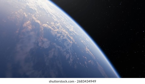 Earth viewed from outer space with clouds, atmosphere, stars, rendered in 3D.