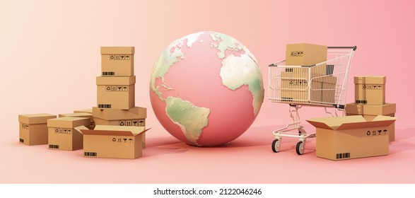 the Earth world map surrounded by cardboard boxes, paper box and shopping cart with gps location on pink background 3D rendering panorama view