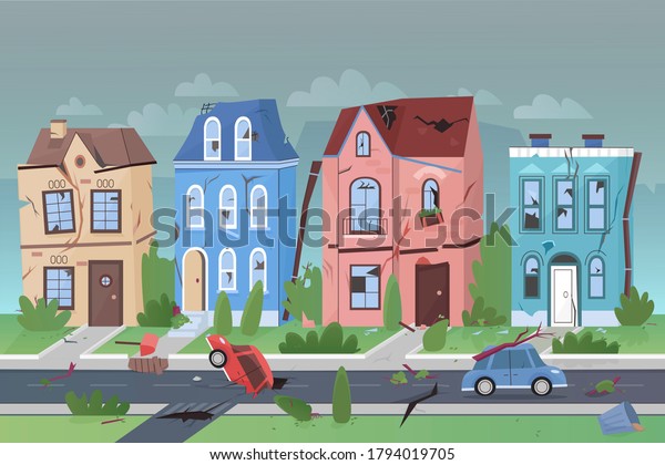 Earthquake nature disaster in small\
city flat cartoon illustration concept. Damaged house facades.\
Destroyed buildings, broken windows, car in crack, felled\
trees