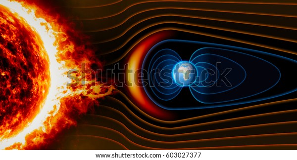 Earth\'s\
magnetic field, the Earth, the solar wind, the flow of particles.\
Sun. Element of this image is furnished by\
NASA