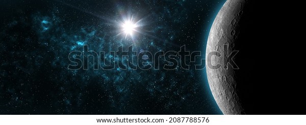 Earth\'s Moon glowing on black space,star\
background.is an astronomical body that orbits planet Earth.Earth\'s\
only permanent natural satellite.Elements of this image furnished\
by NASA.3D\
illustration.