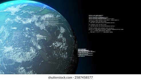 Earth's surface with data processing image over dark background. Technology, data analysis, digital, information, globe, network