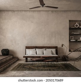 Earthy nomadic living room interior, 3d render