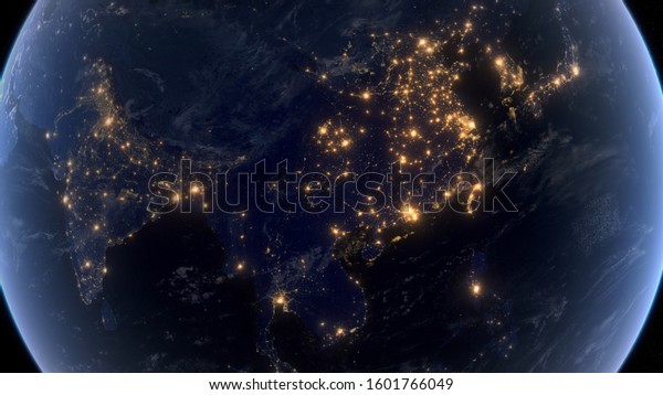 East Asia View Realistic Earth Night Stock Illustration