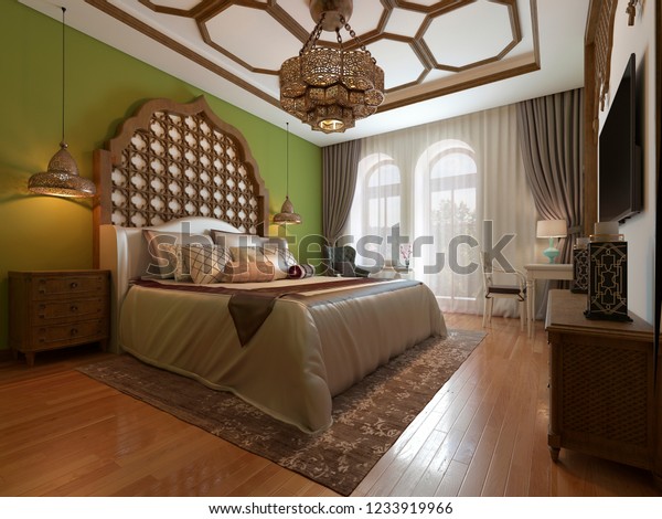 East Bedroom Wooden Headboard Green Walls Stock Illustration