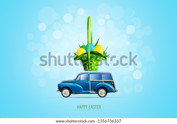 Easter background, with a blue car with\
Easter multicolored eggs in a basket on the trunk. Blue background.\
Copy space. Festive\
background.